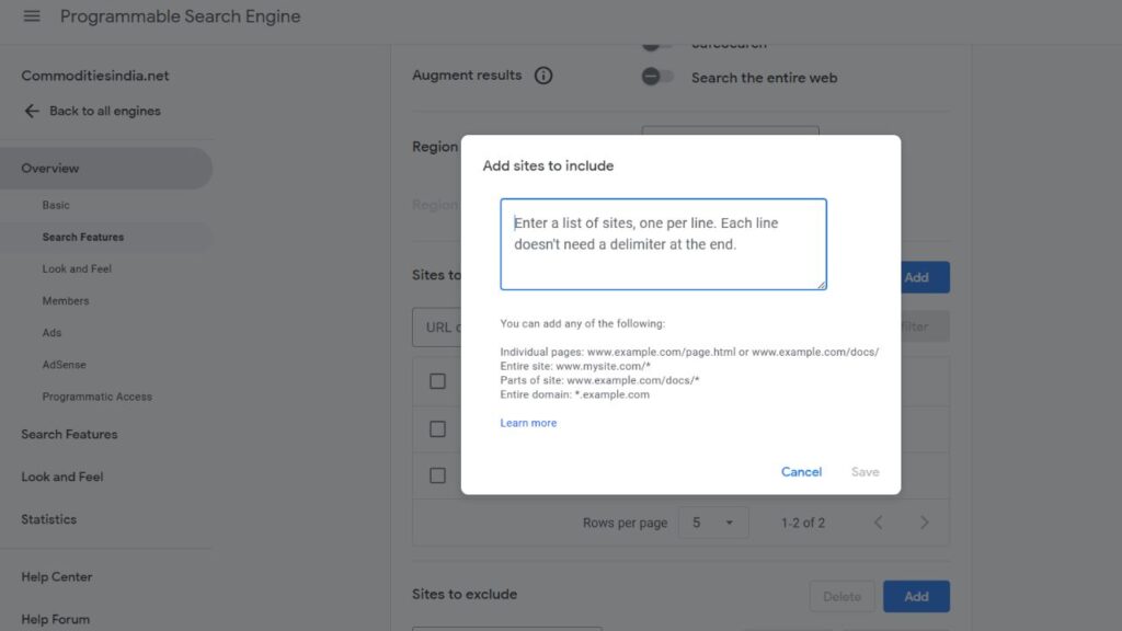 adding Sites to Search in the settings