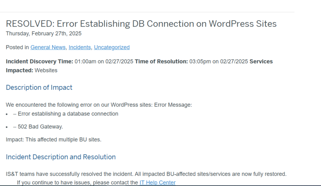 Breaking News: Boston University IT Team Swiftly Resolves Major WordPress Outage