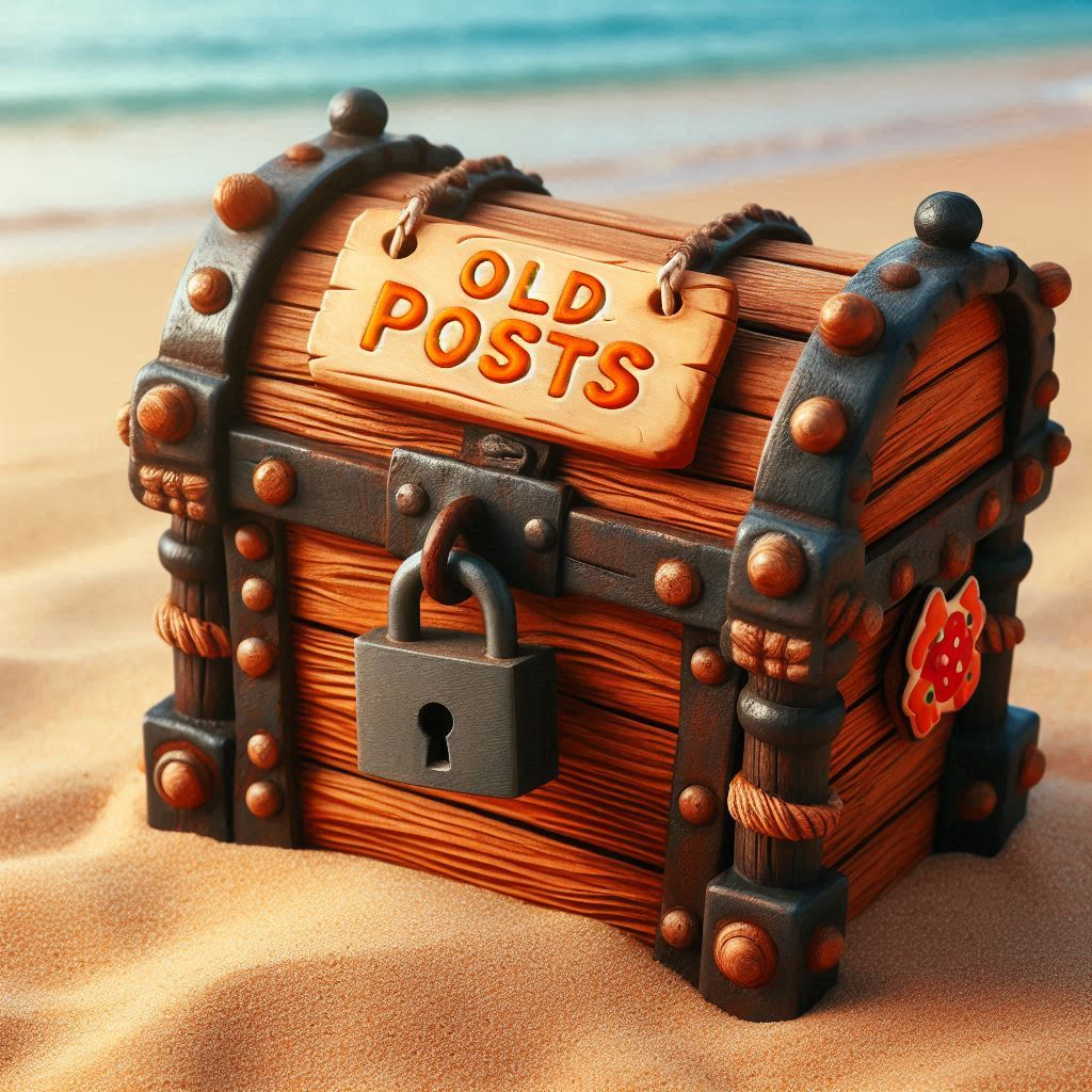 A wooden treasure chest with a big padlock, labeled “Old Posts” in playful orange letters, sitting on a sandy beach