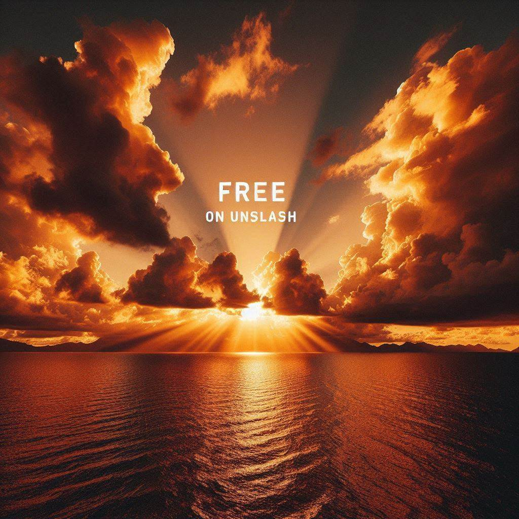 A breathtaking sunset photo with golden clouds over a calm ocean, stamped with “Free on Unsplash” in small white text in the corner