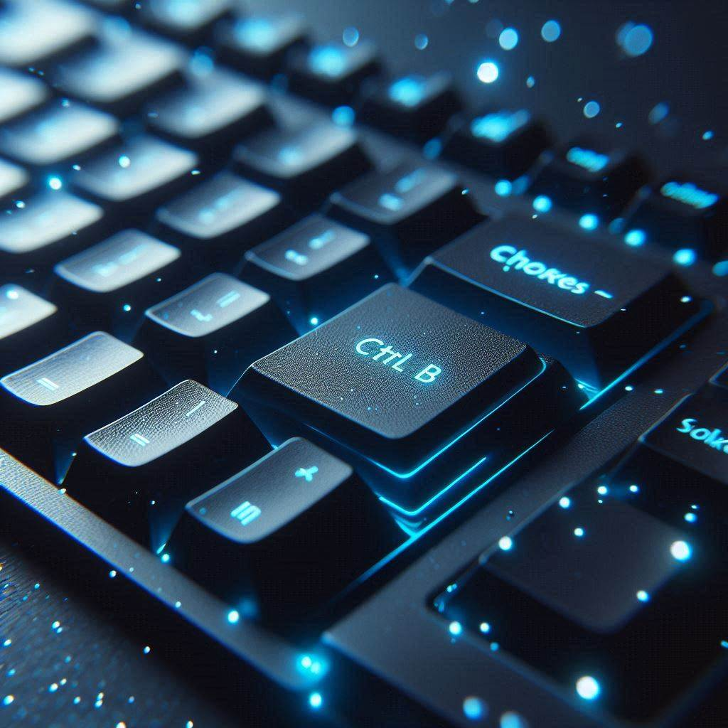 A sleek black keyboard with “Ctrl+B” and “Ctrl+I” keys glowing in neon blue, surrounded by faint sparkles