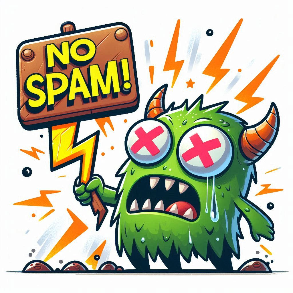 A goofy green cartoon spam monster with “X” eyes, getting zapped by a lightning bolt labeled “No Spam!”