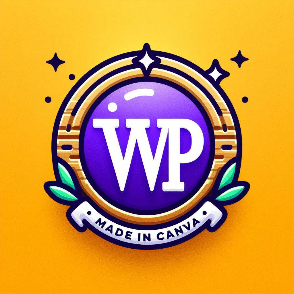 A shiny round logo with “WP” in bold purple letters on a yellow background, next to a “Made in Canva” badge in small gray text