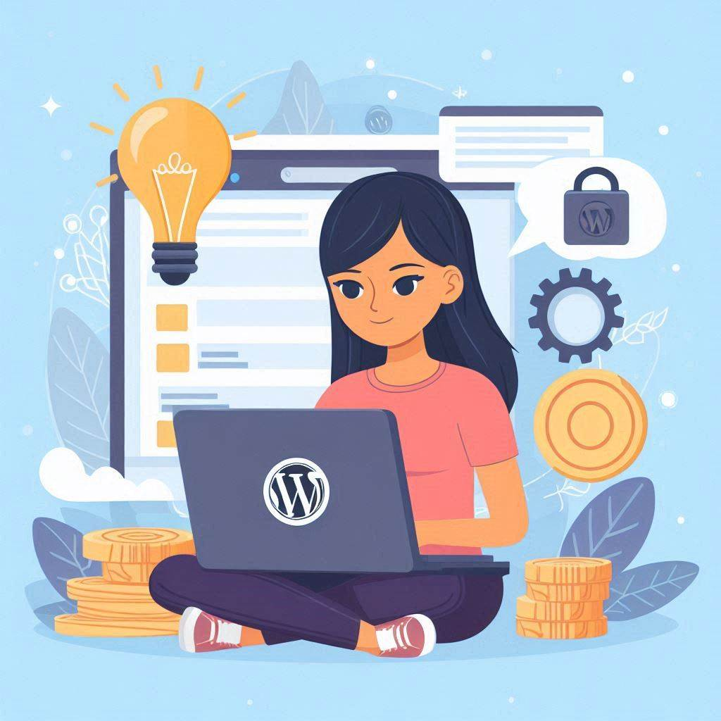 A person at a laptop building a WordPress site, with a lightbulb symbolizing creativity.