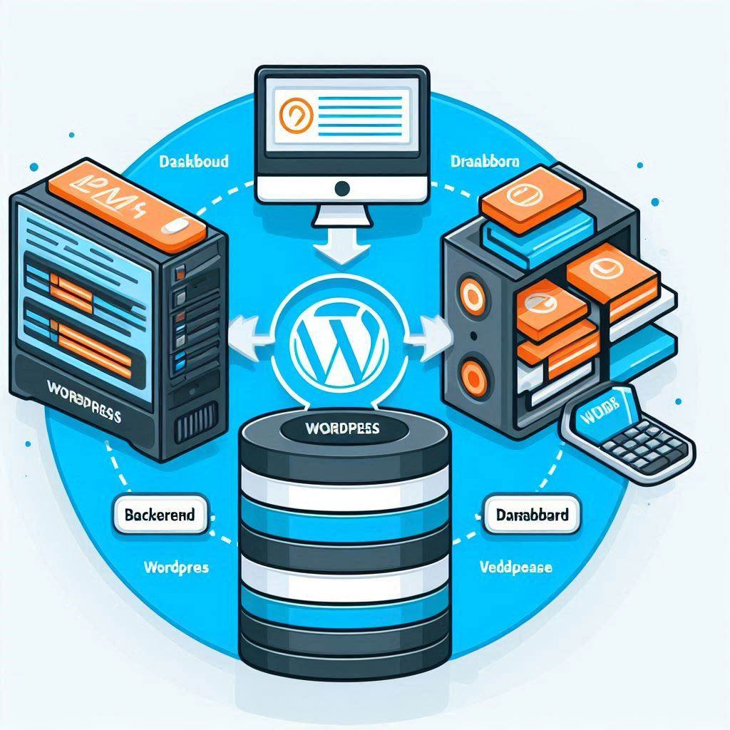 A diagram splitting WordPress into backend (dashboard, database) and frontend (website display).