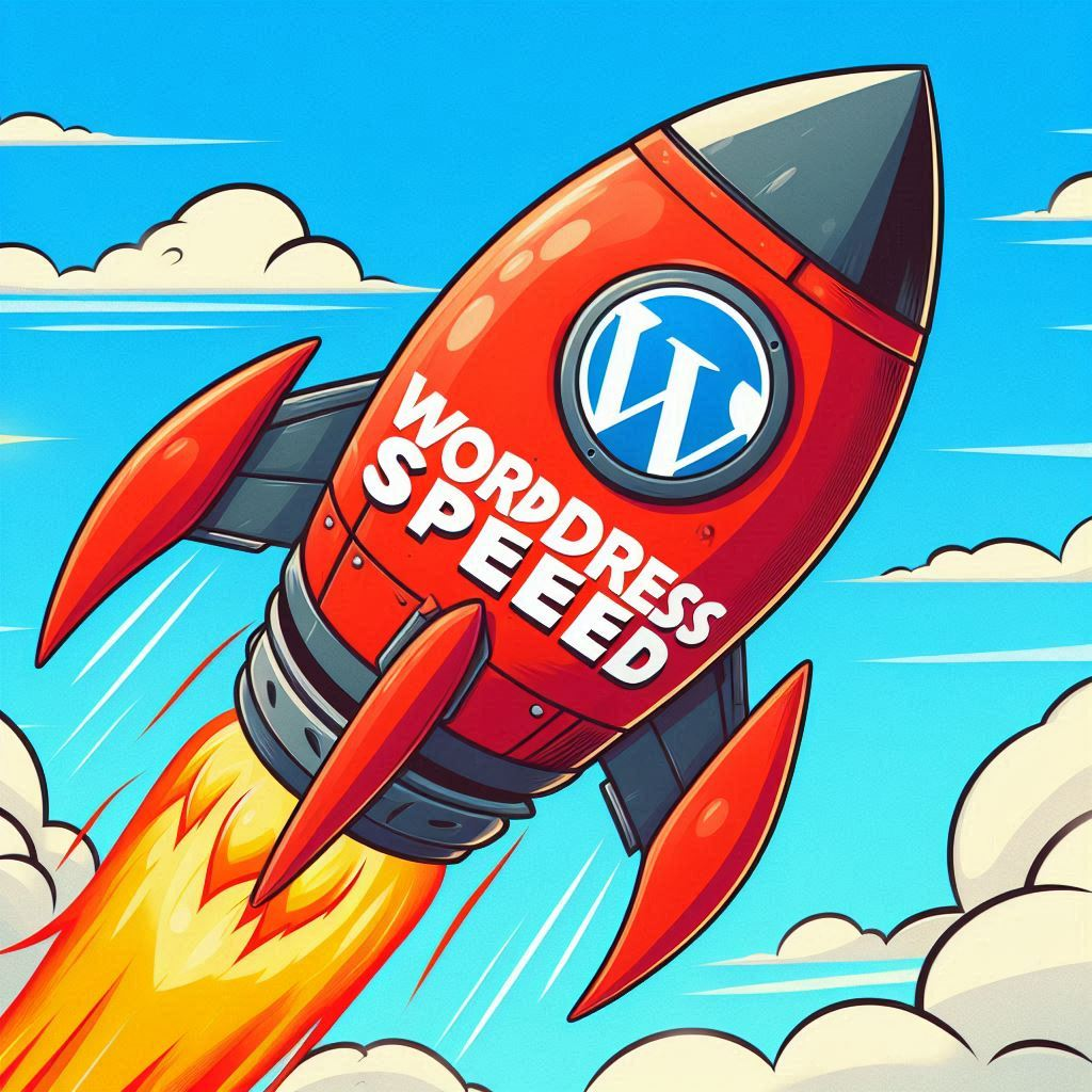 A bright red cartoon rocket with “WordPress Speed” in bold white letters on its side, blasting off with yellow flames against a blue sky.