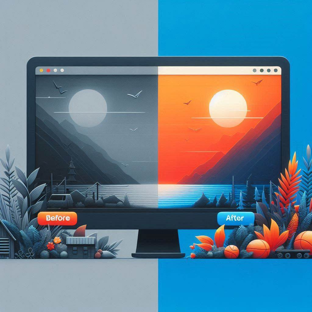 A split-screen graphic — left side shows a dull gray website with “Before,” right side shows the same site in bright blue and orange with “After”