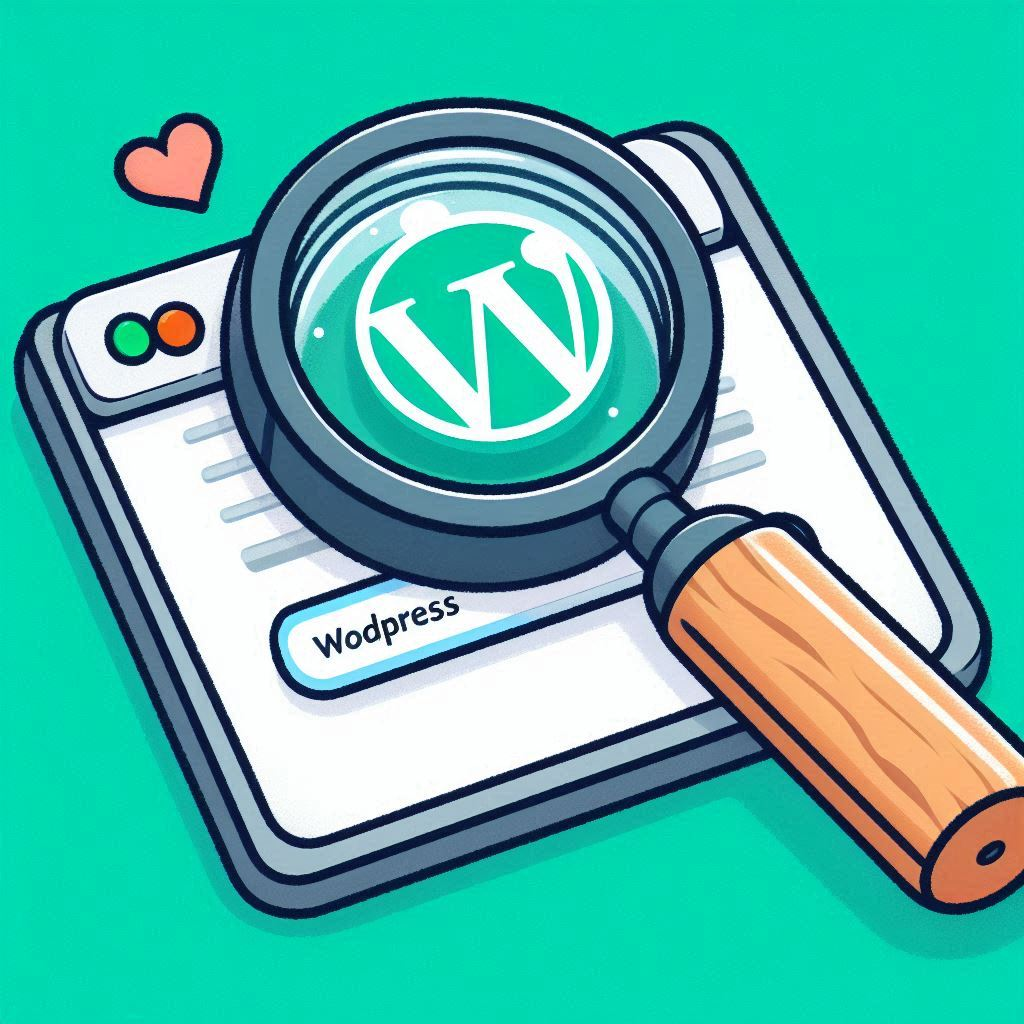 A cartoon magnifying glass hovering over a Google search bar, with “WordPress” typed in green and a tiny heart next to it